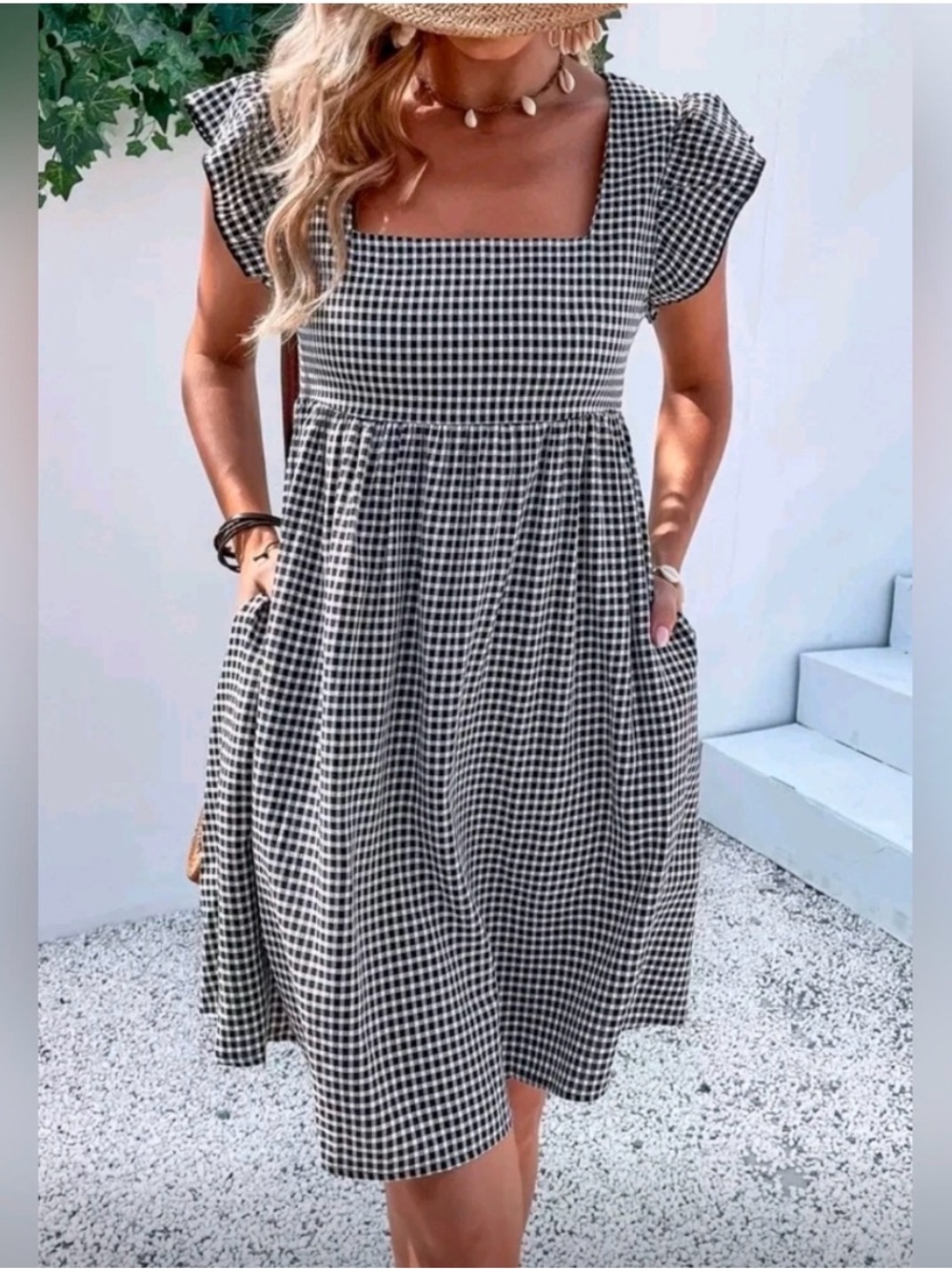 New Gingham Ruffle Sleeve Short Smock Dress Pockets White Black